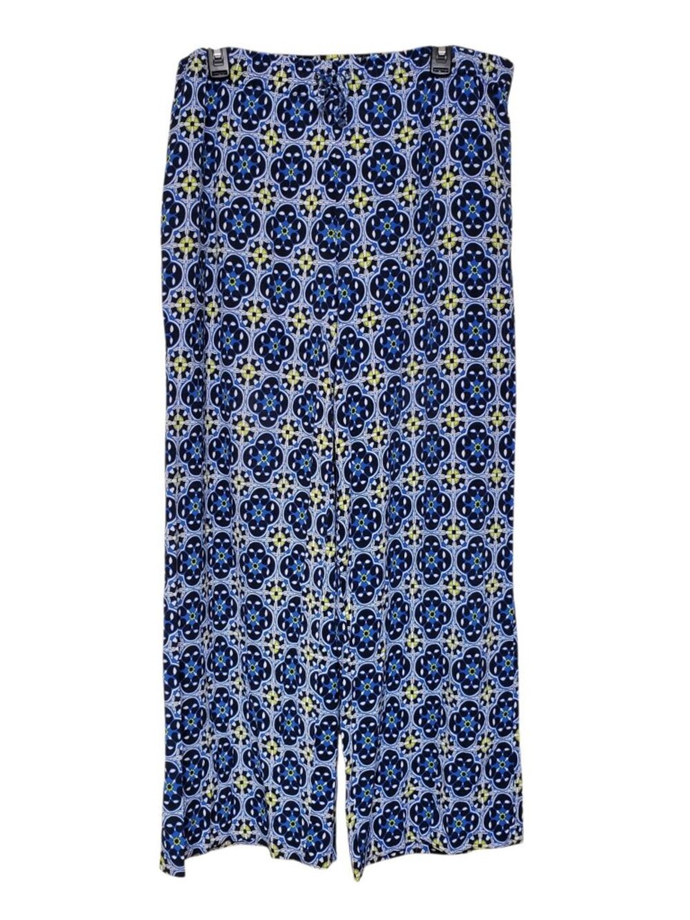 Crown & Ivy Woman's Blue White Lime Wide Leg Pull On Casual Print Pants Plus 1X